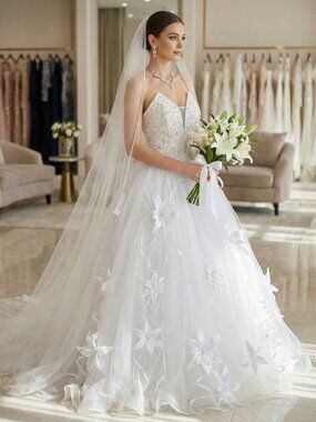 Couture Embroidered 3D Floral Bridal Gown & Long Veil Set Wedding Dress 6